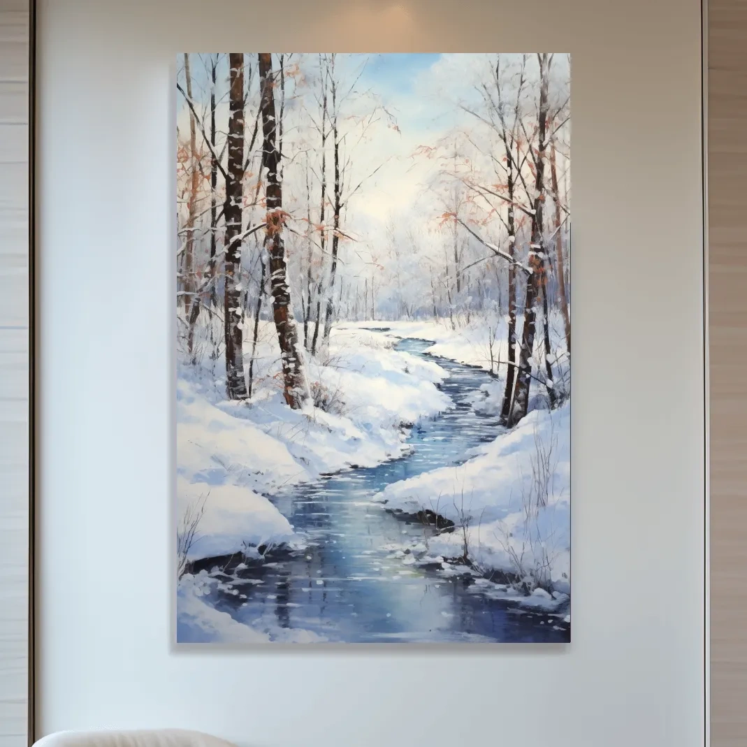 Serene Winter River Forest Painting - Snowy Woodland Wall Art