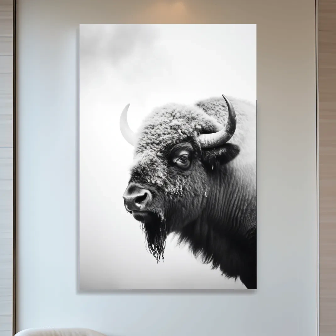 Moody Black And White Bison Portrait - Minimalist Photographic Wildlife Wall Art
