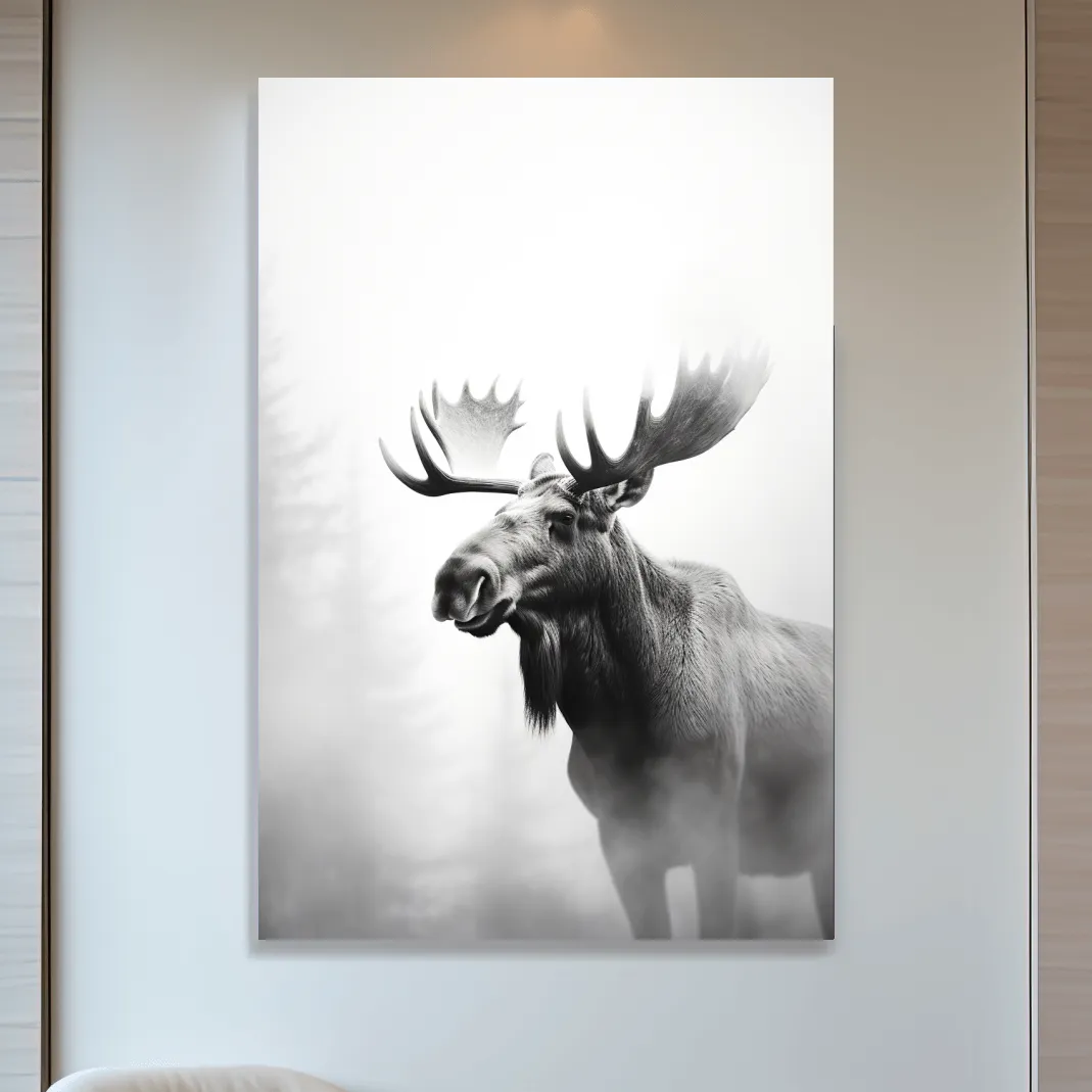 High contrast black and white photograph art of a large moose