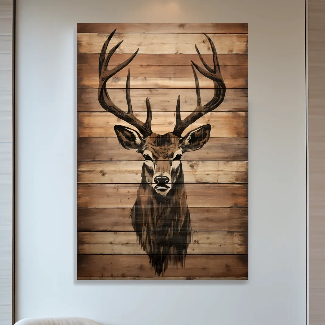 Wood burning art, deer head on wooden panels