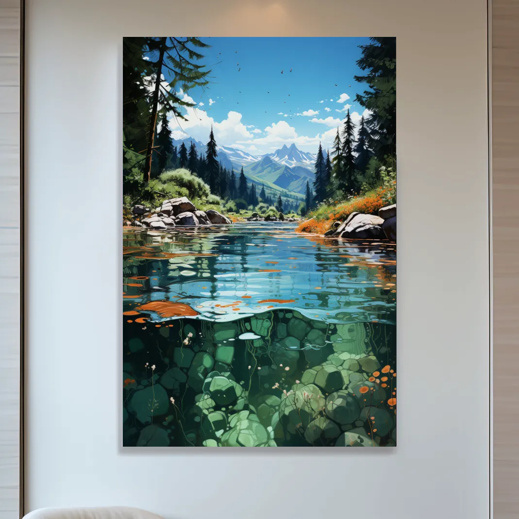 Crystal Clear Alpine River Landscape Illustration - Vibrant Mountain Forest Artwork
