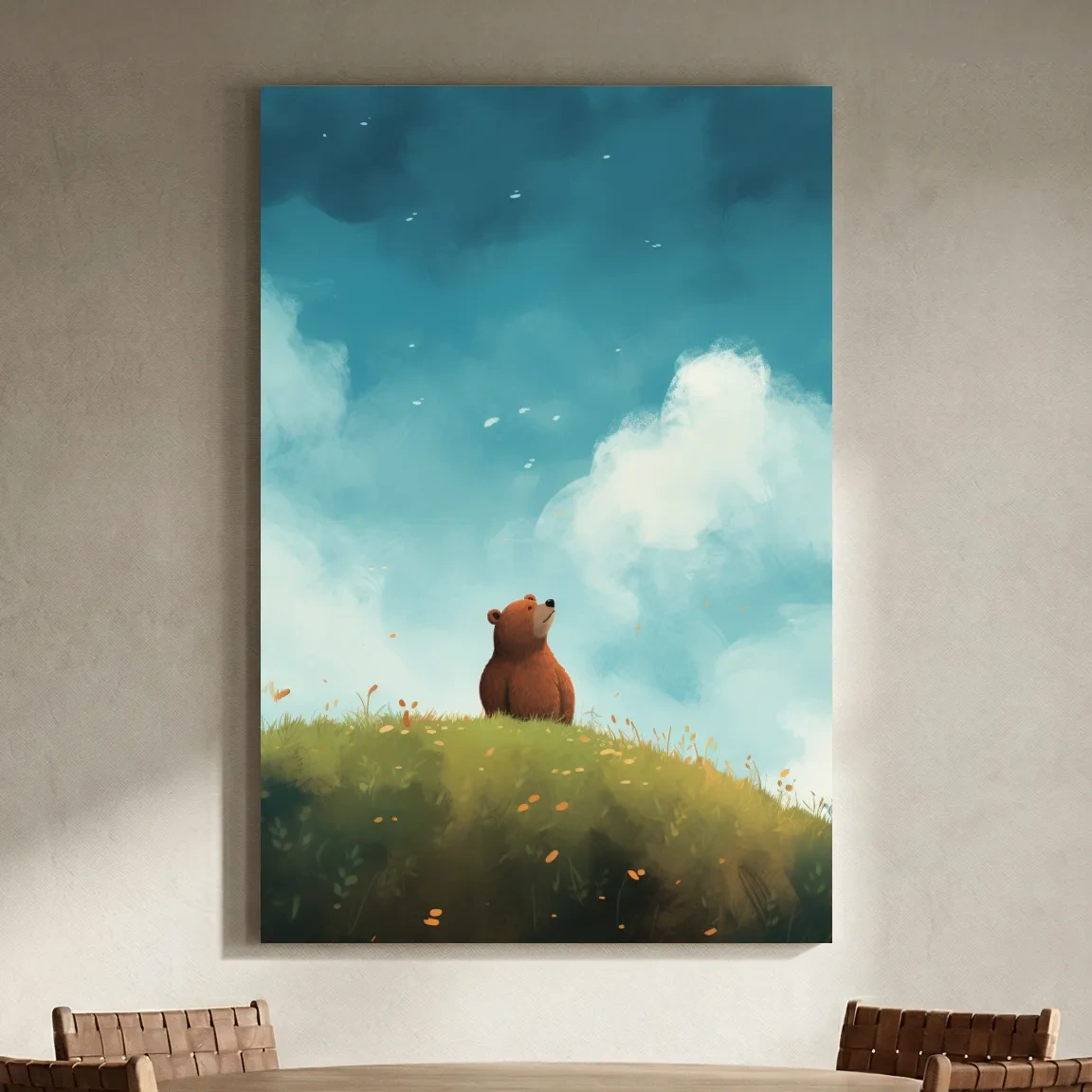 Whimsical Bear Cub Meadow Illustration - Cute Woodland Nursery Wall Art