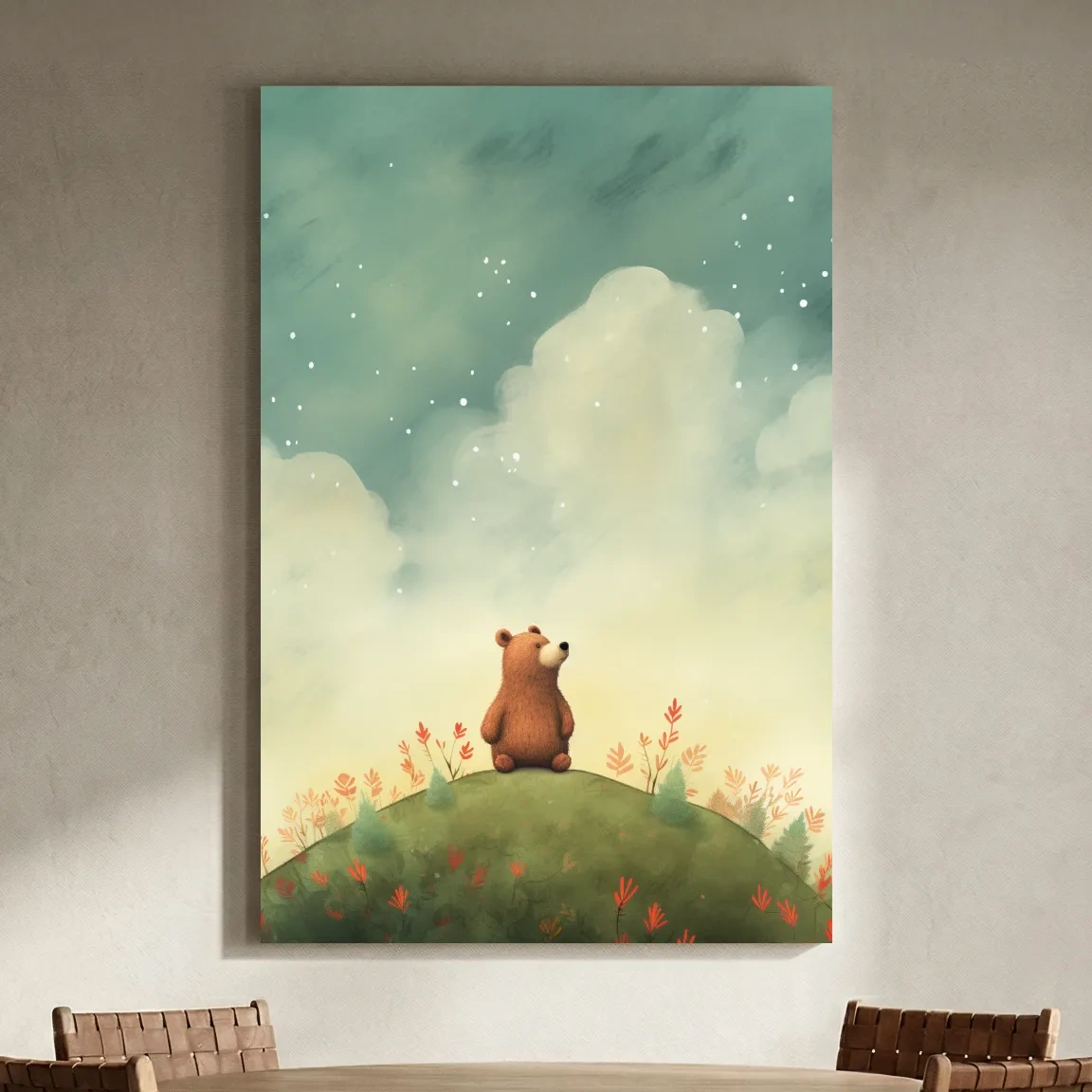 Whimsical Bear Cub Under Starry Sky - Nursery Watercolor Illustration Wall Art