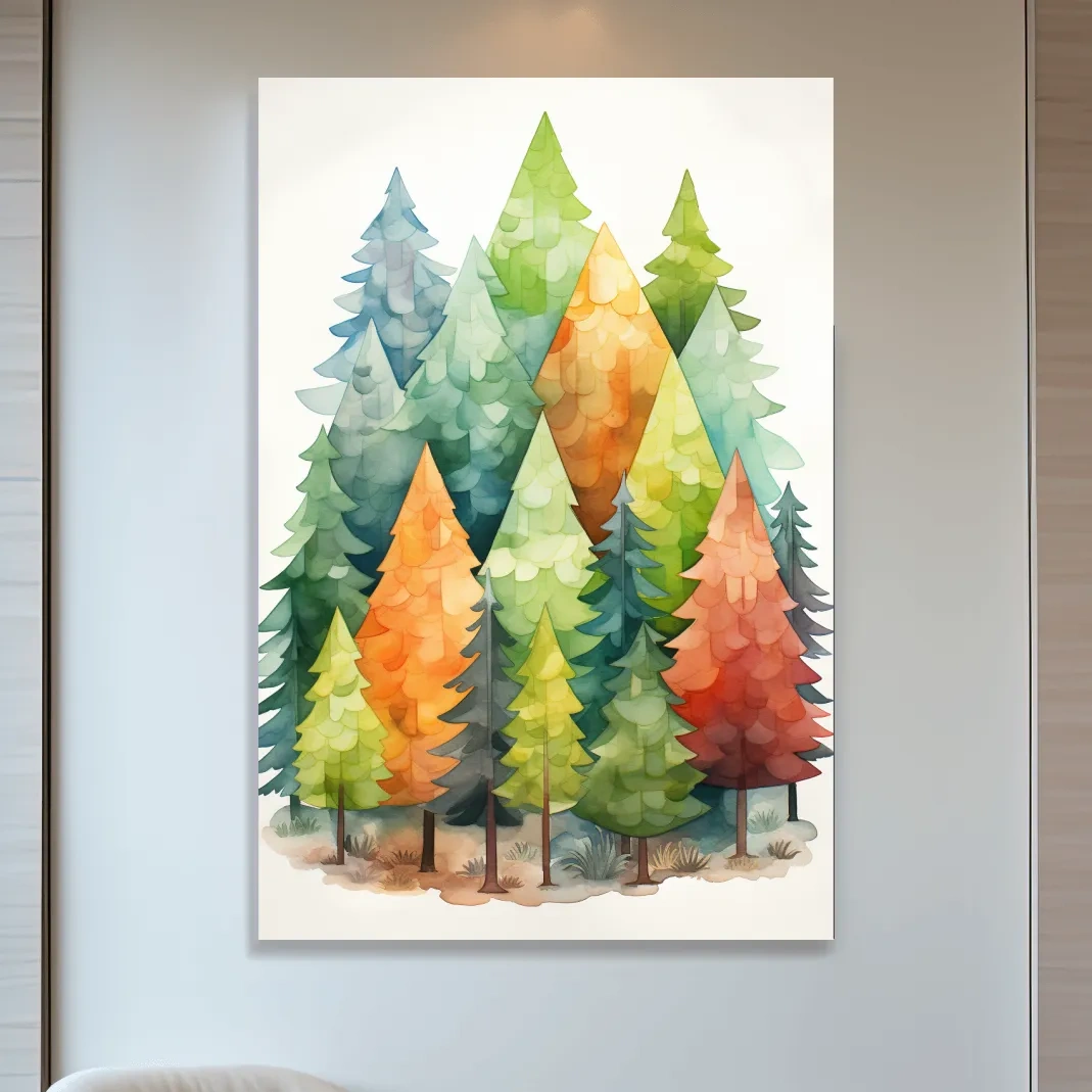 Whimsical Watercolor Pine Forest Illustration - Colorful Scandinavian Nature Wall Art