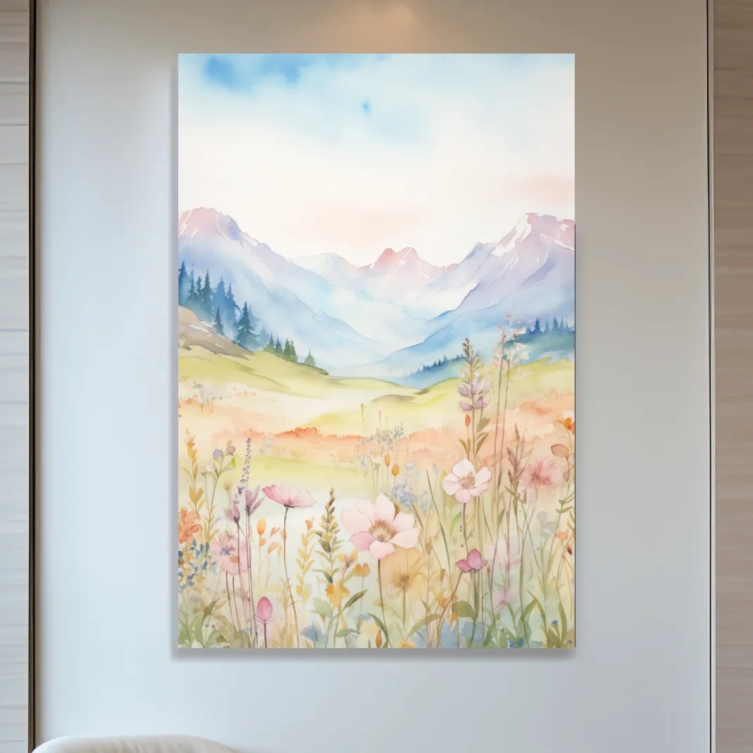 Watercolour painting of pastel flowers in the alpine meadows, floral artwork