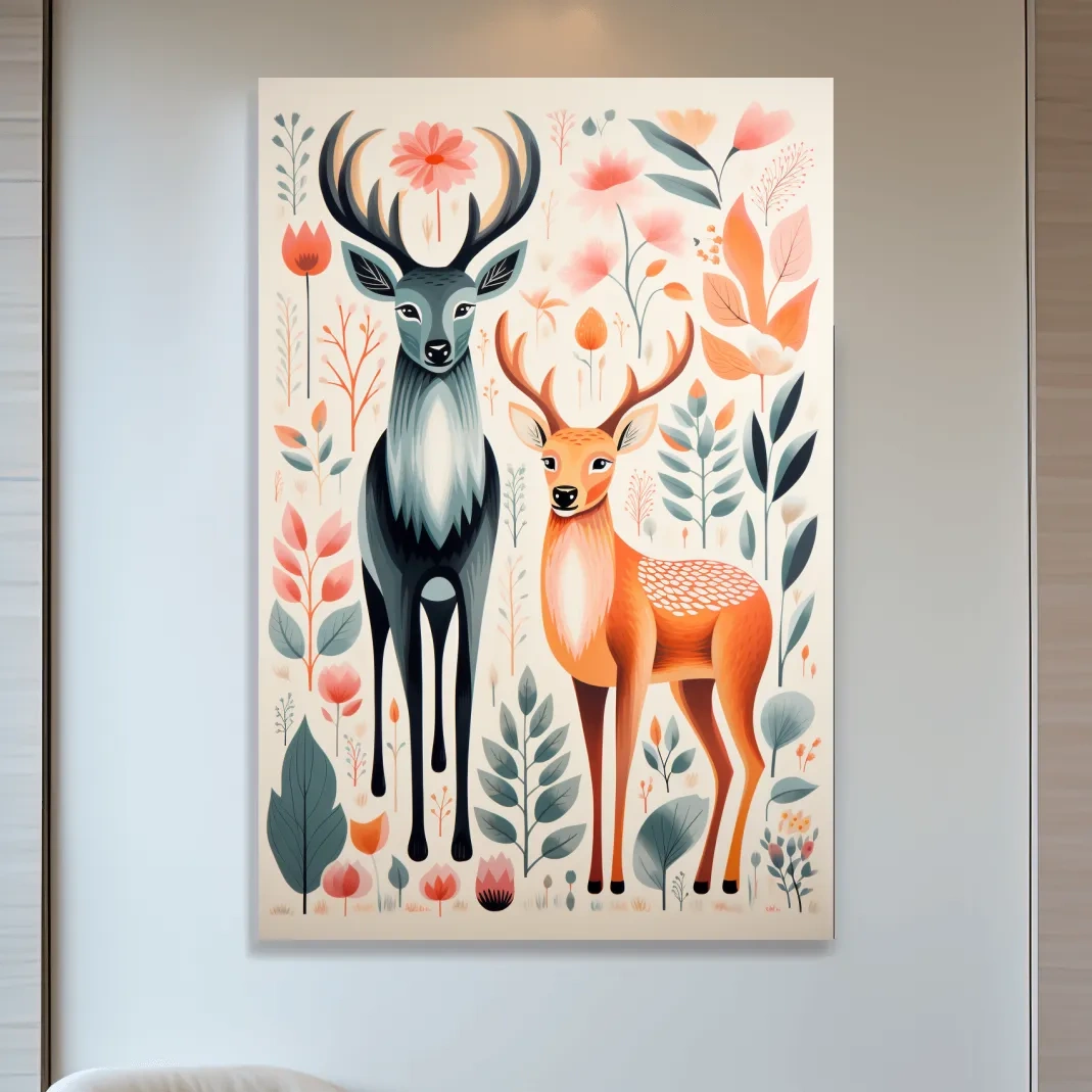 Flat colour vector print of deers and foliage, folk art style