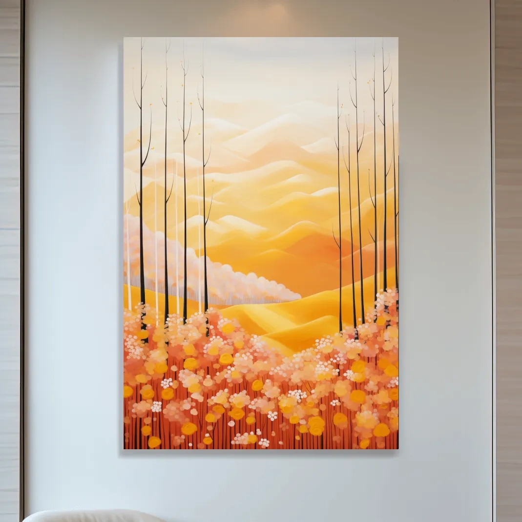 Storybook style illustration art of flowers, mountains and a forest in fall