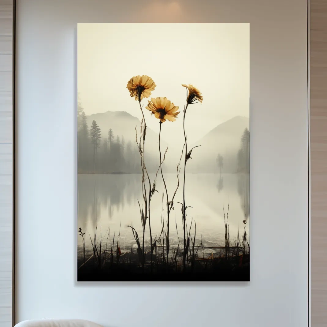 Photographic illustration, flowers on the misty lake shore
