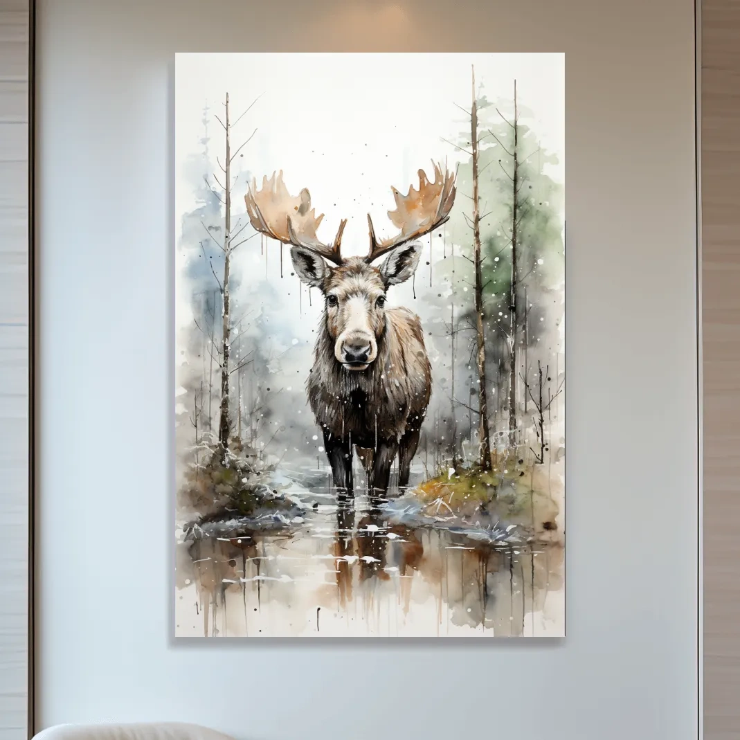 Watercolor Moose In Misty Forest - Rustic Woodland Wildlife Painting Wall Art