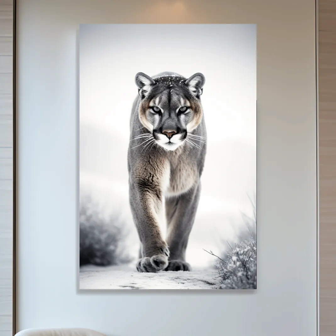 Photograph of a mountain lion walking in snow