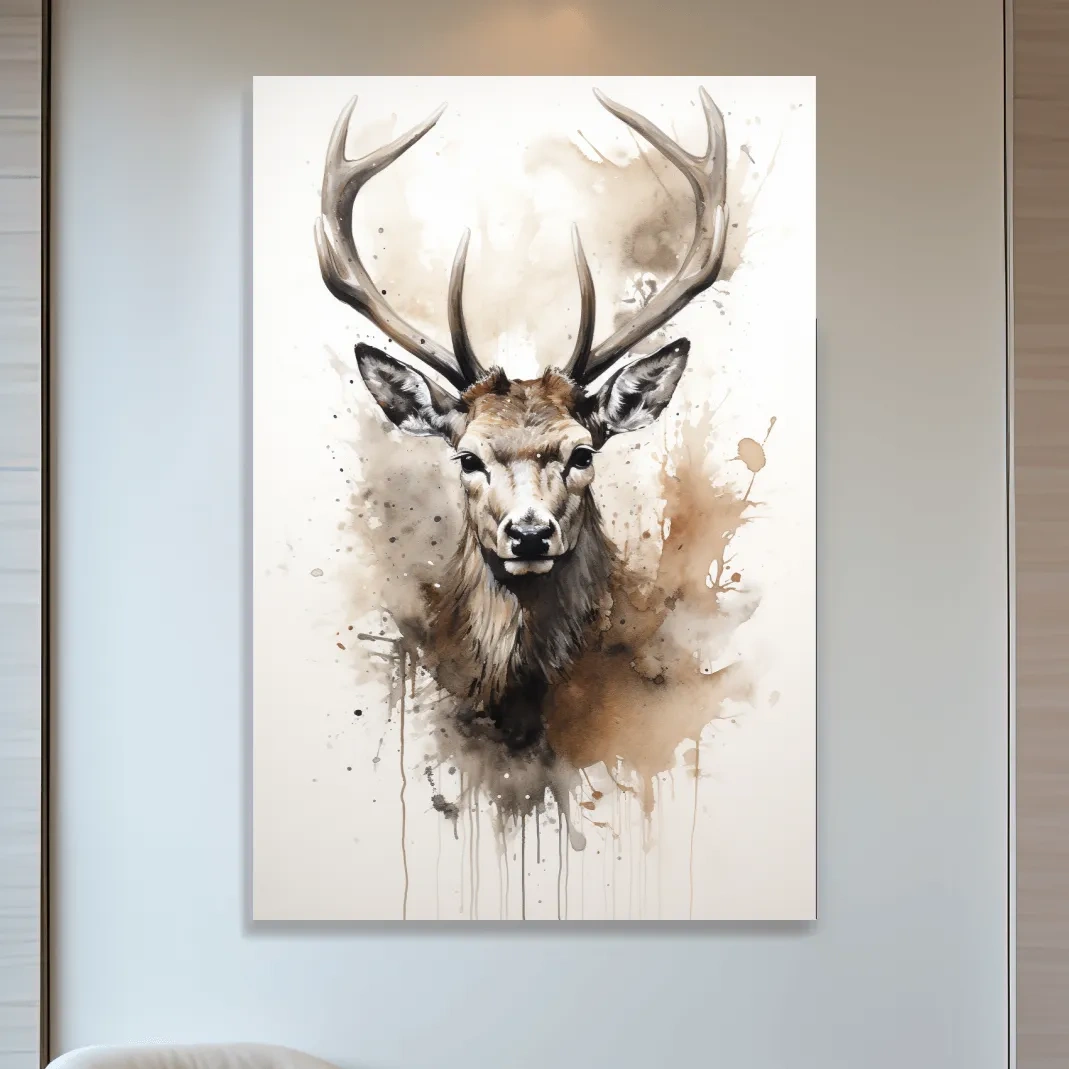 Splattered watercolour painting of a deers head
