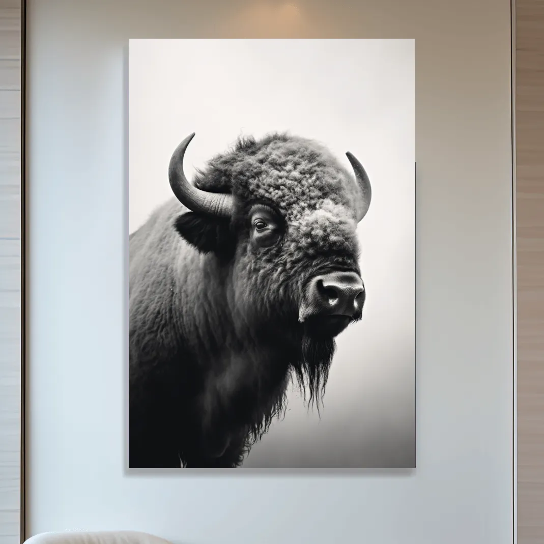Photographic art, black and white photo of a bison on a crisp winter morning