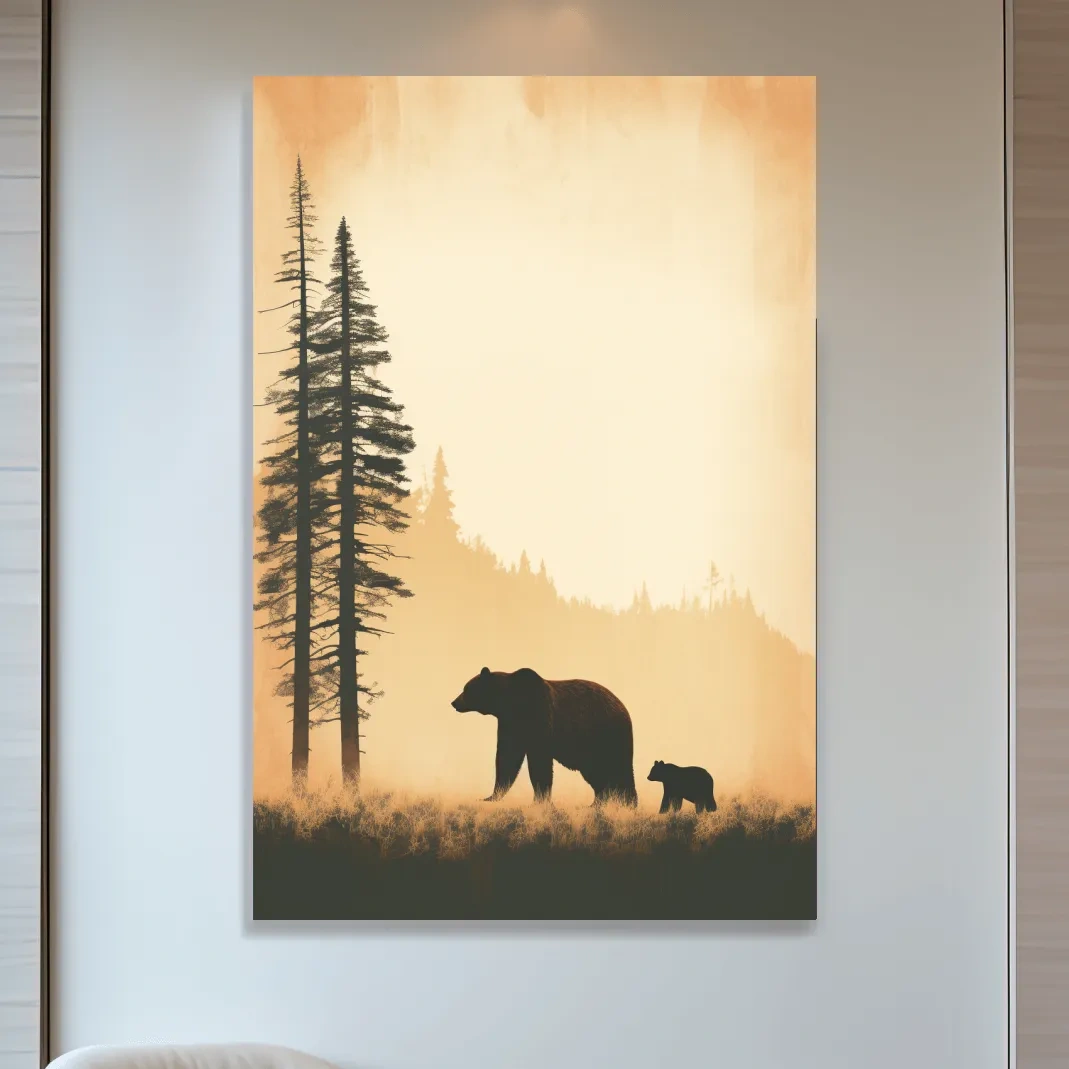 Momma bear and her cub, minimal illustration artwork