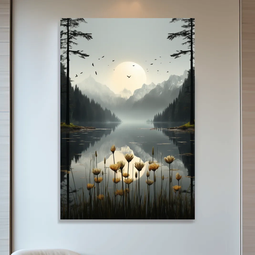 Flowers on the misty alpine lake shore, photographic illustration