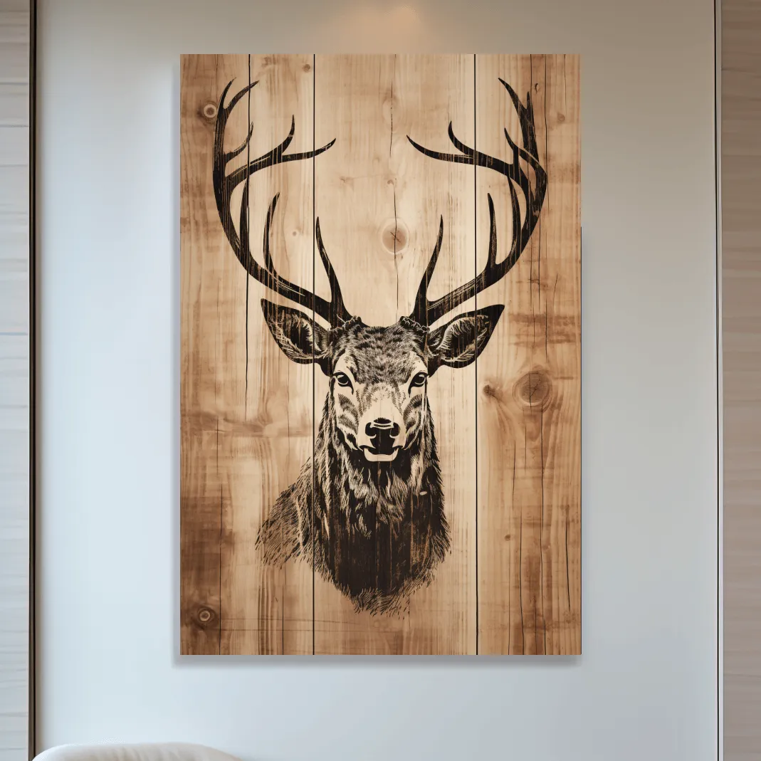 Wood burning style art, deer head on wooden panels