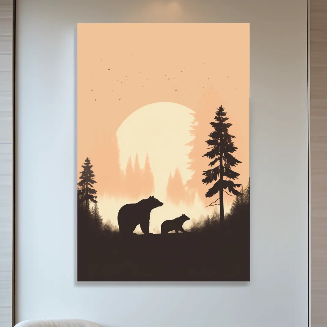 Minimal silhouette art illustration of a mama bear and her cub