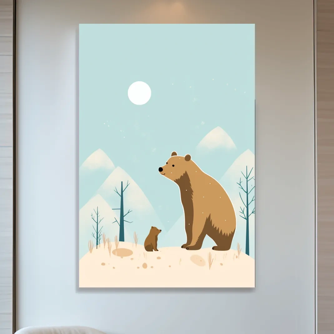Minimal illustration art of a mama bear and her cub