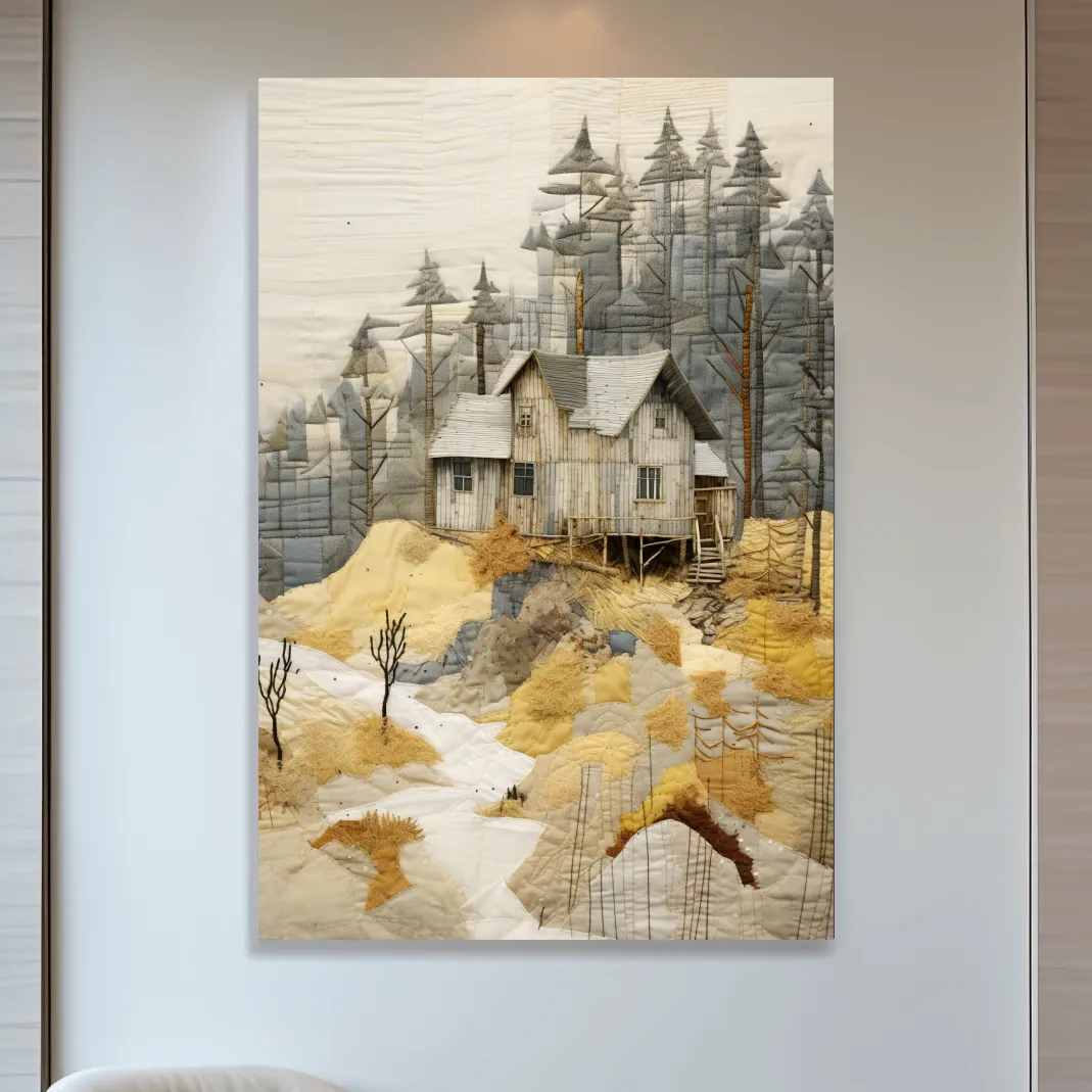 Cabin in the forest, fabric patchwork style art print