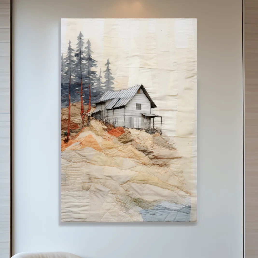 Rustic Hillside Cabin Quilt Collage - Patchwork Effect Forest Landscape Wall Art