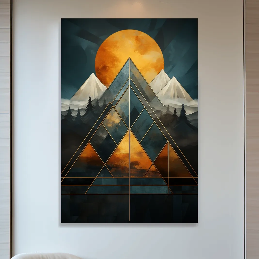 Leadlight style mountain artwork, sunset over glaciers and forest