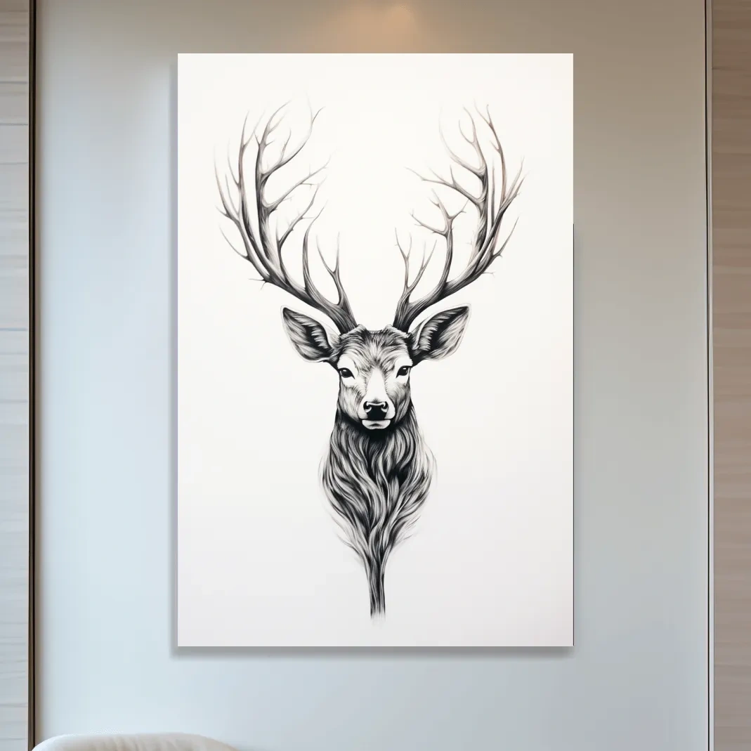 Minimalist Stag Head Line Drawing - Black And White Deer Tattoo  Artwork