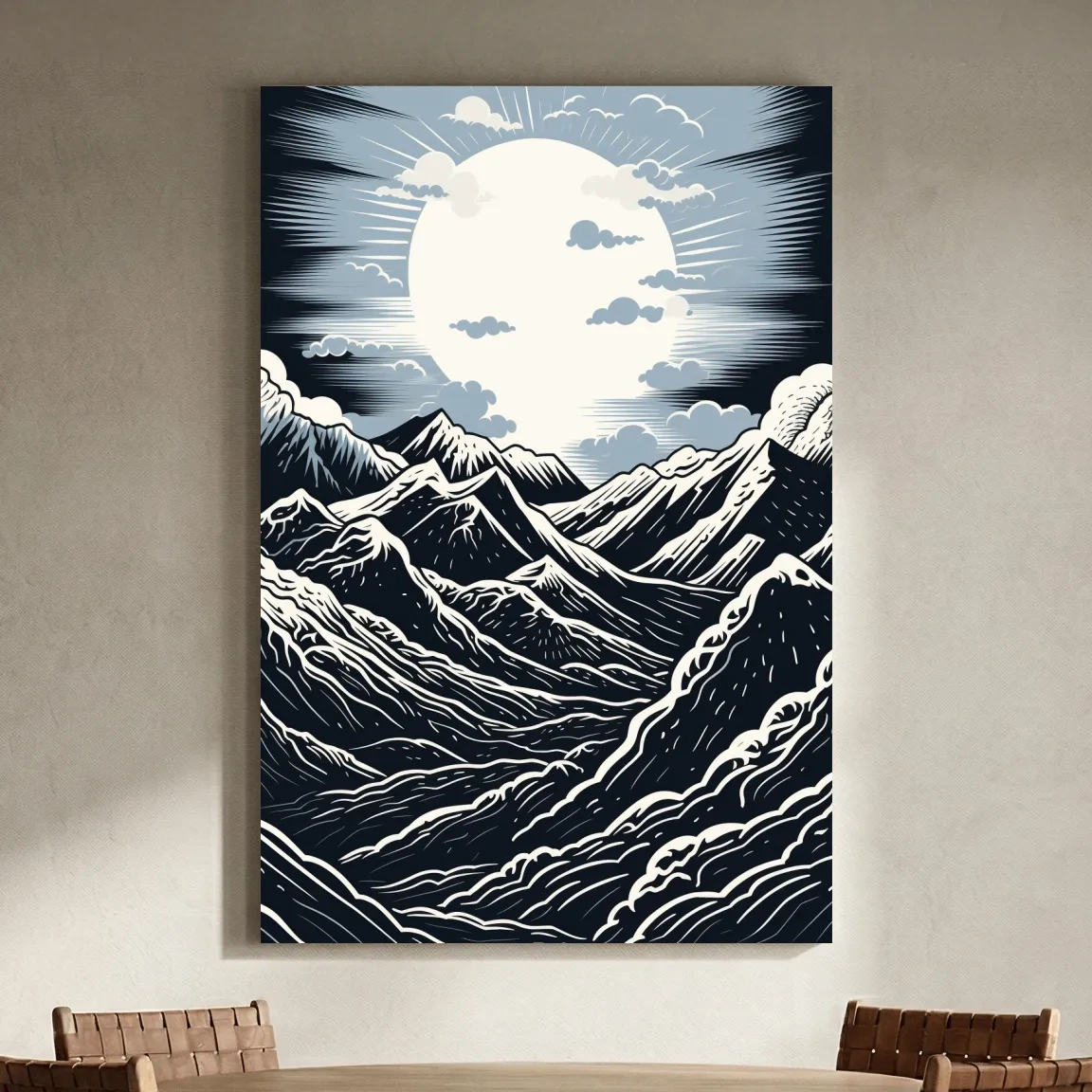 Linocut style mountain art illustration