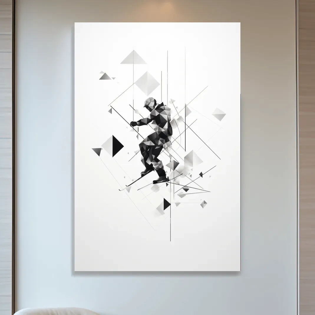 Monochrome Geometric Skier Silhouette - Abstract Winter Sports Wall Art