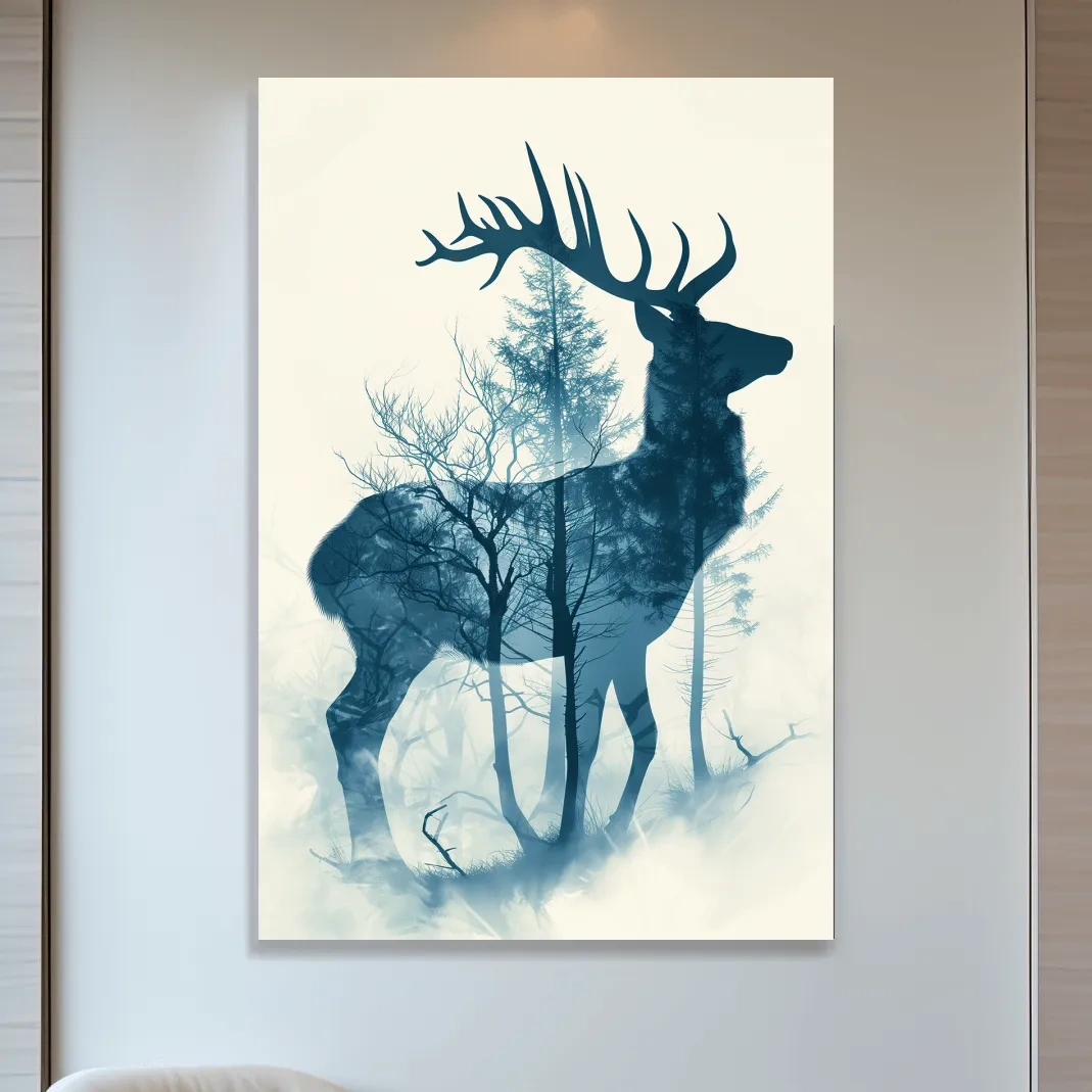 Moody Double Exposure Stag Silhouette - Misty Forest Wildlife Wall Art