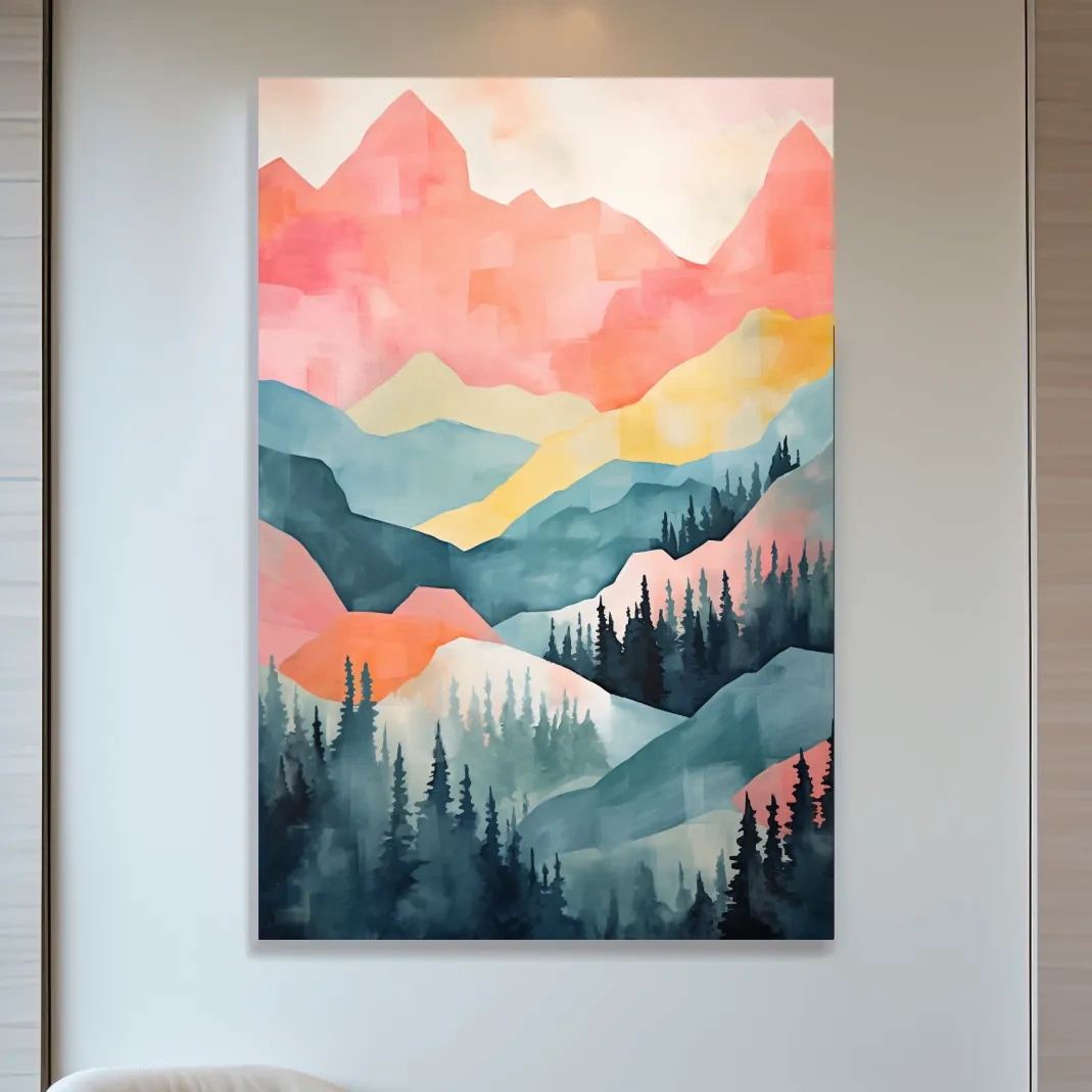 Abstract colorful painting of alpine mountains and trees