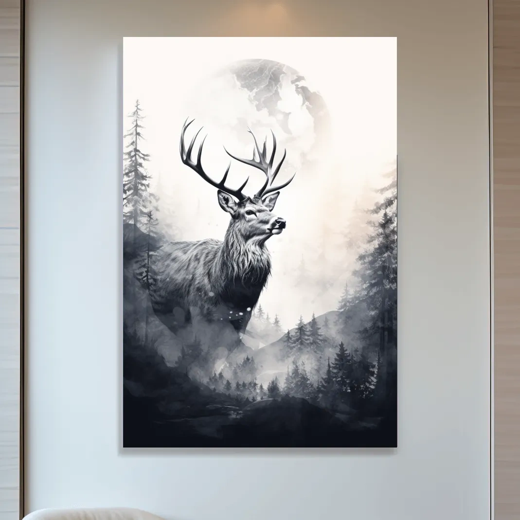 Deer and forest artwork drawing, double exposure style
