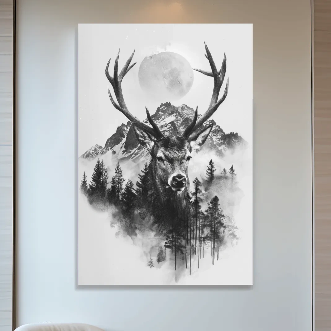 Double exposure style drawing artwork of a deer, forest, glacier and moon