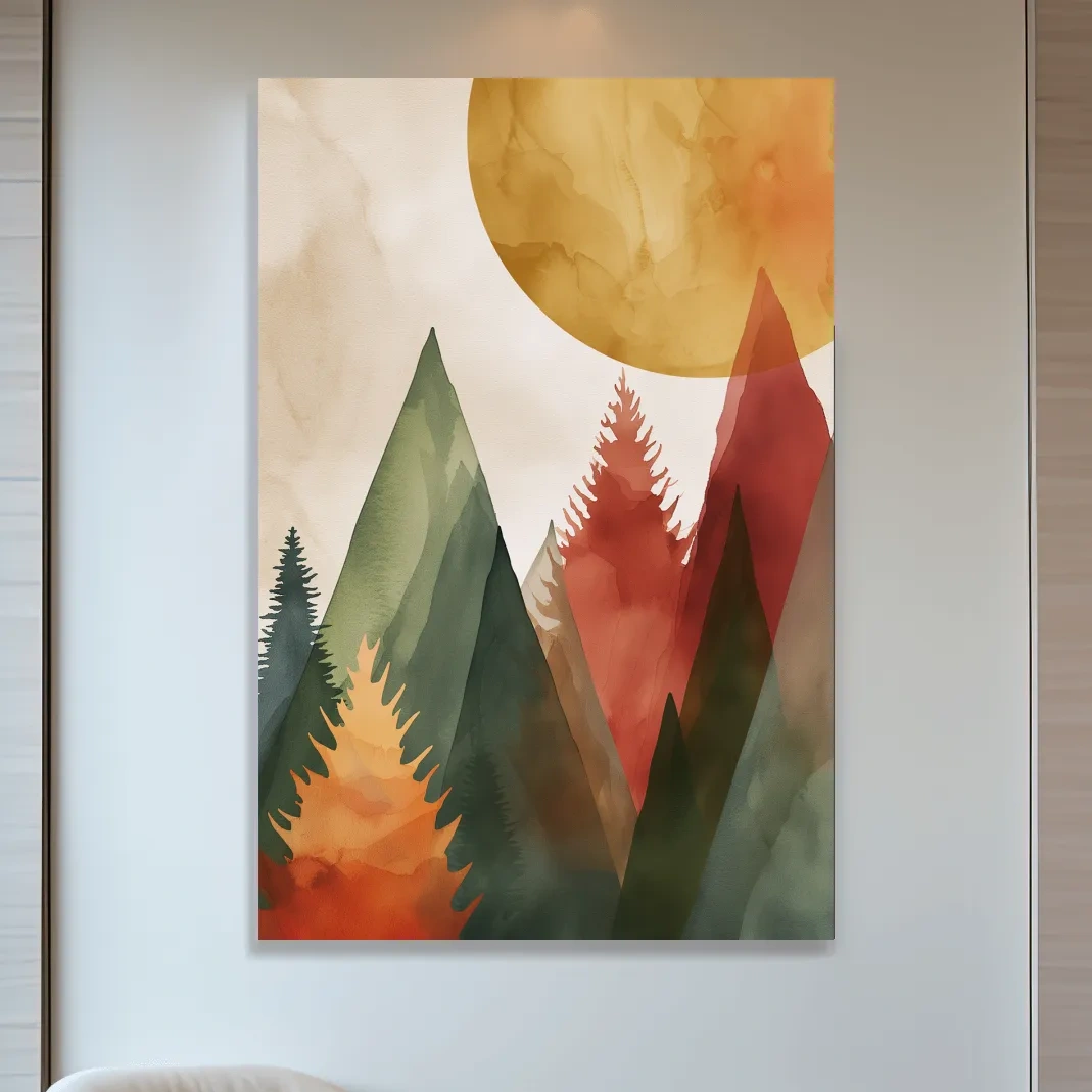 Trees and mountains under the sun, rustic boho watercolour print