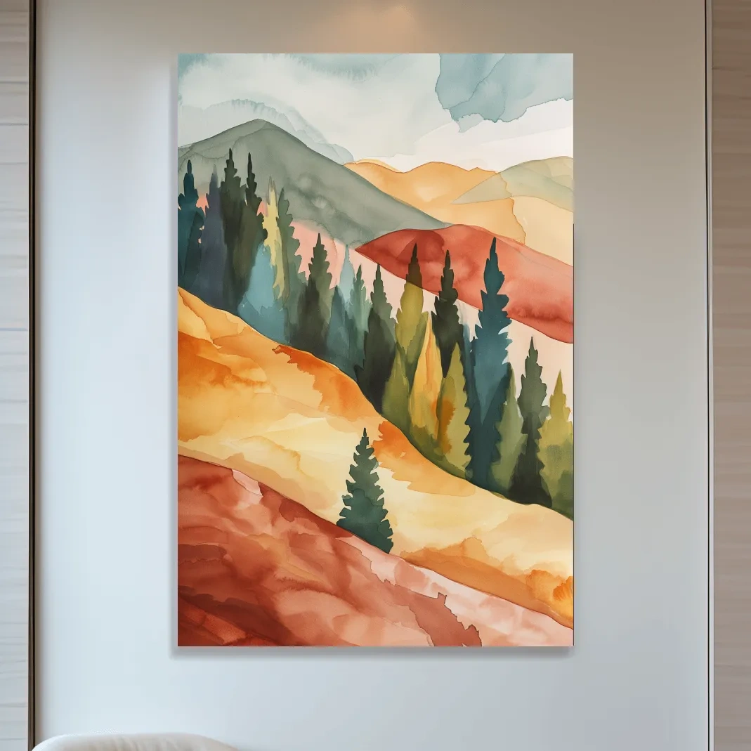 Mountains and forest landscape rustic watercolour painting artwork