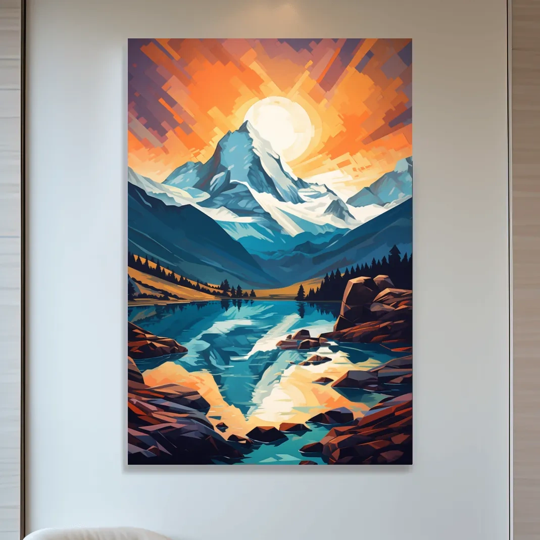 Sunset over the alpine glaciers, vector mountain art