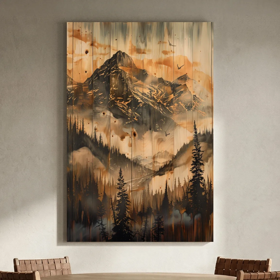 Rustic Woodgrain Mountain Landscape Painting - Sepia Misty Pine Forest Wall Art
