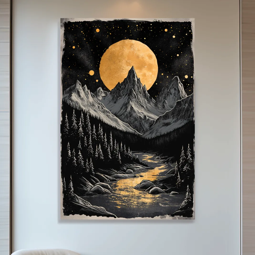 Moonlit alpine scene, dramatic glacier and moon artwork