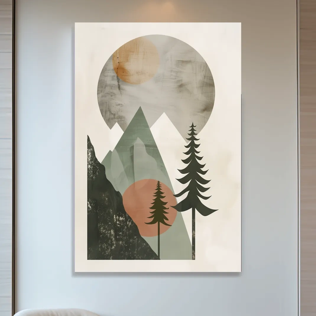 Scandinavian style artwork, mountains and trees under the sun