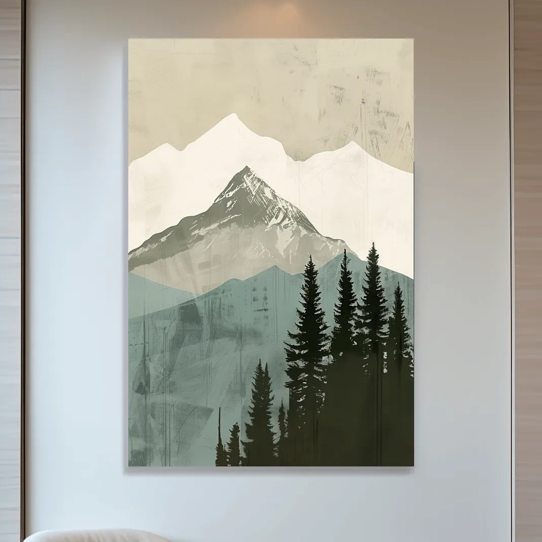 Minimal mountain artwork, scandinavian style glacier and forest art