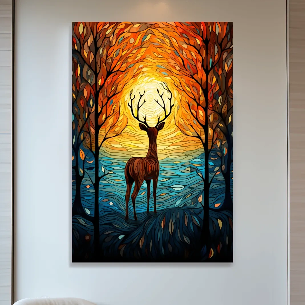 Deer in the forest at sunset, leadlight style artwork