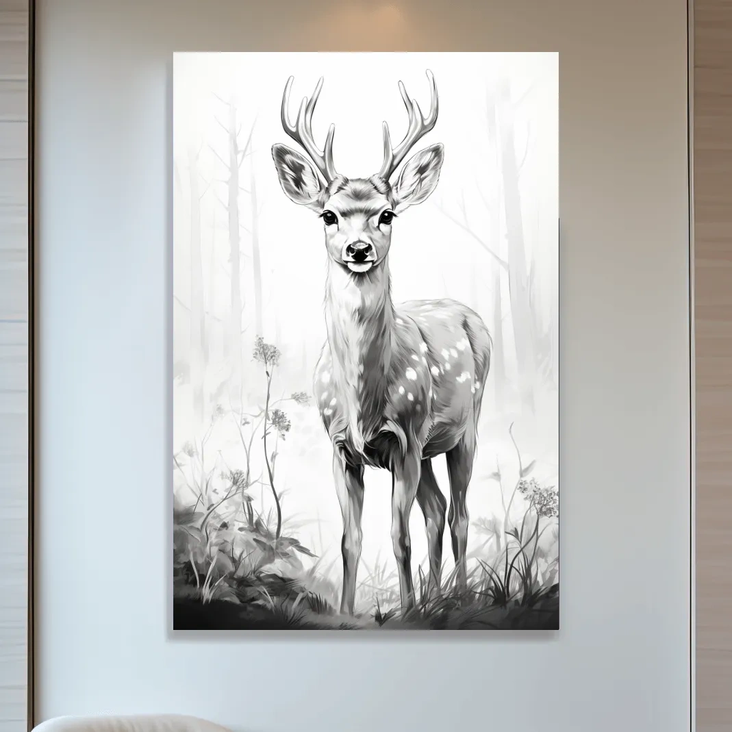 Black and white drawing artwork of a fallow deer