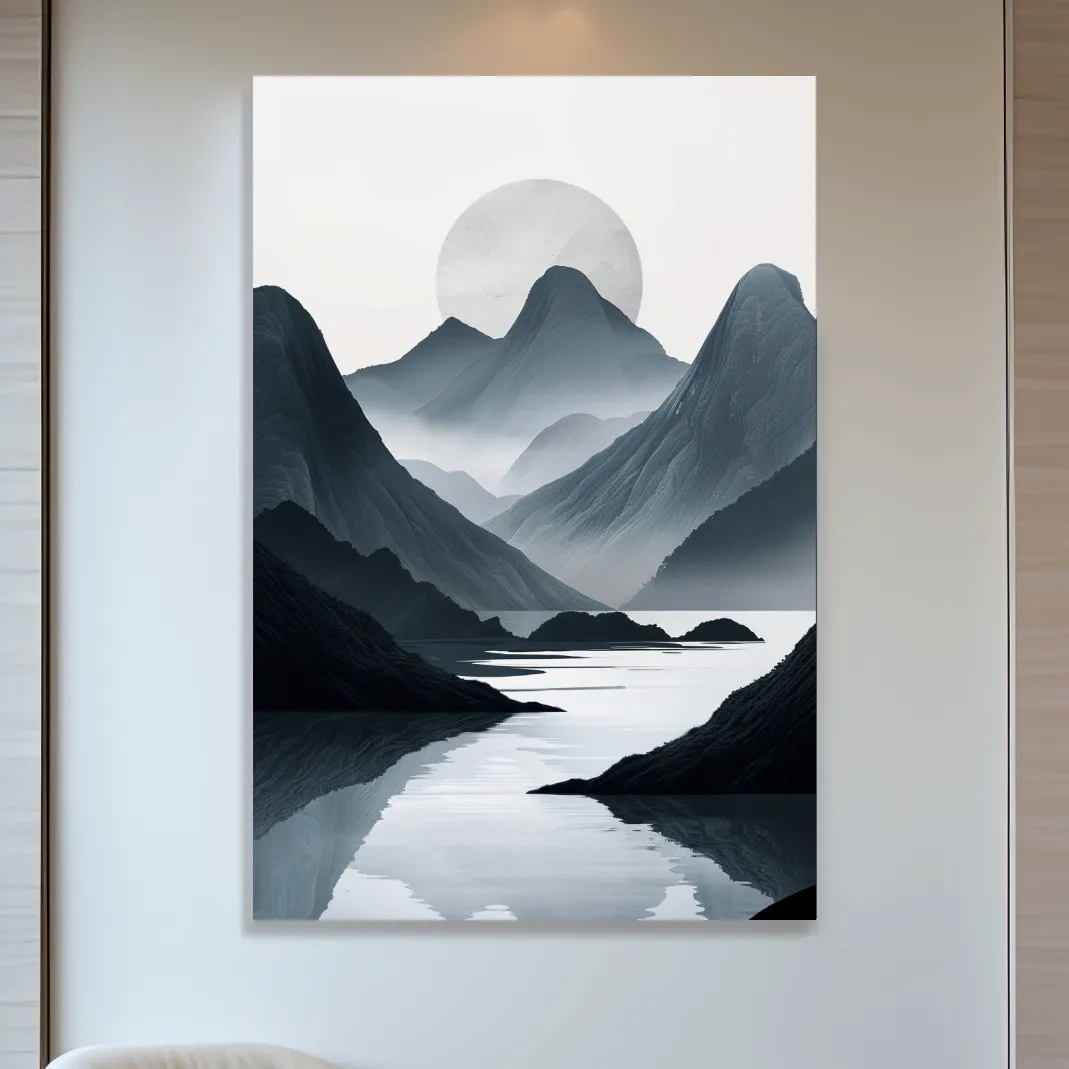 Black & white mountain artwork, view down a foggy valley and lake