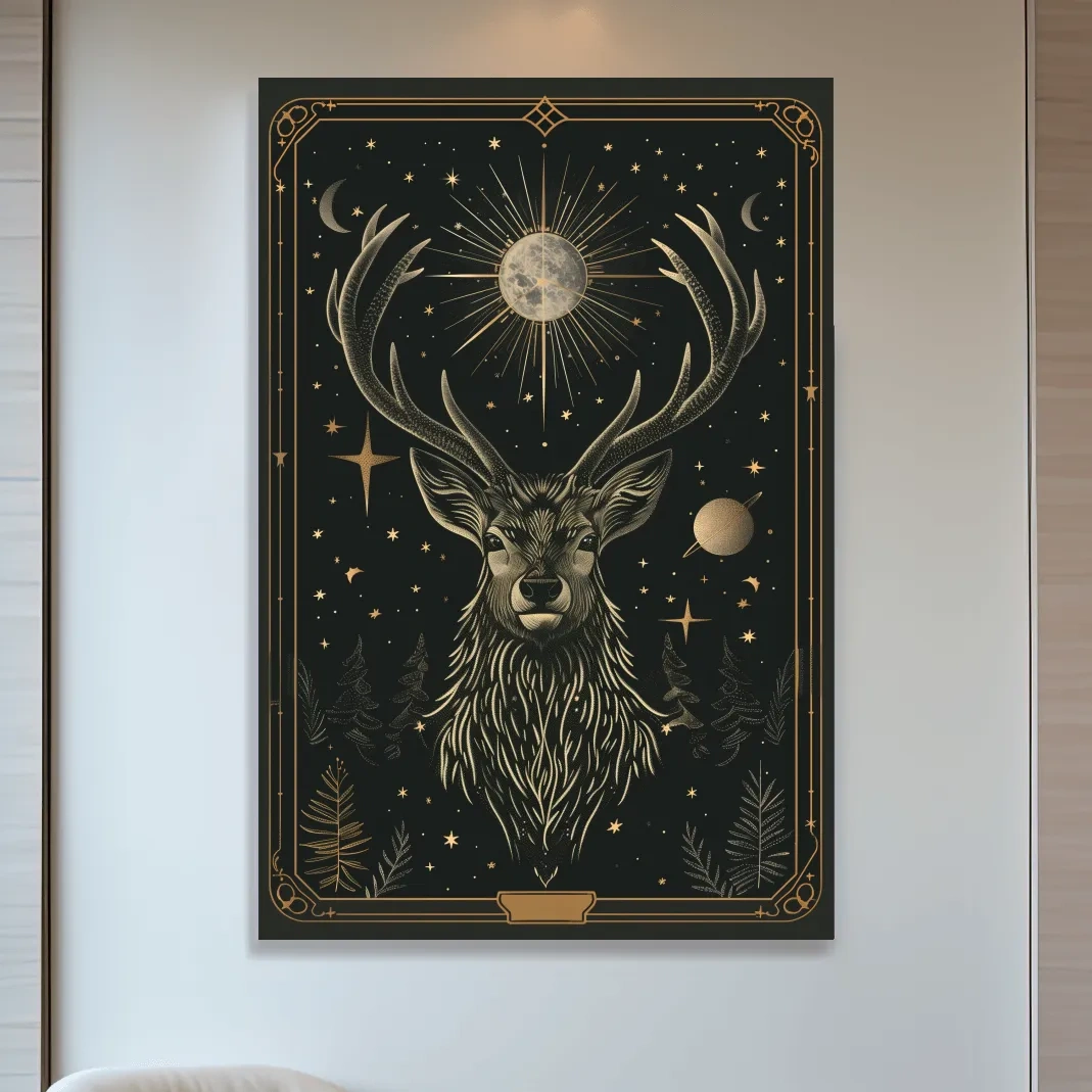 Elegant deer head tarot card style art, planetary solar system