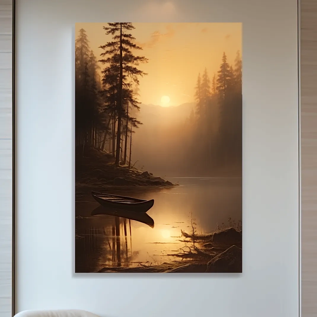 Sunset painting of a canoe on a lake at golden hour