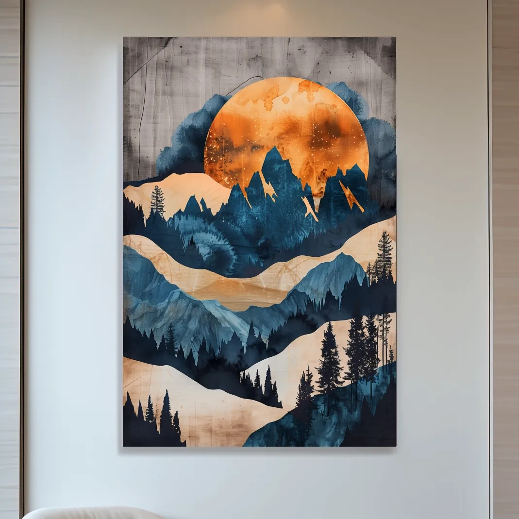 Abstract mountain and forest artwork at sunset, mixed media watercolor style art