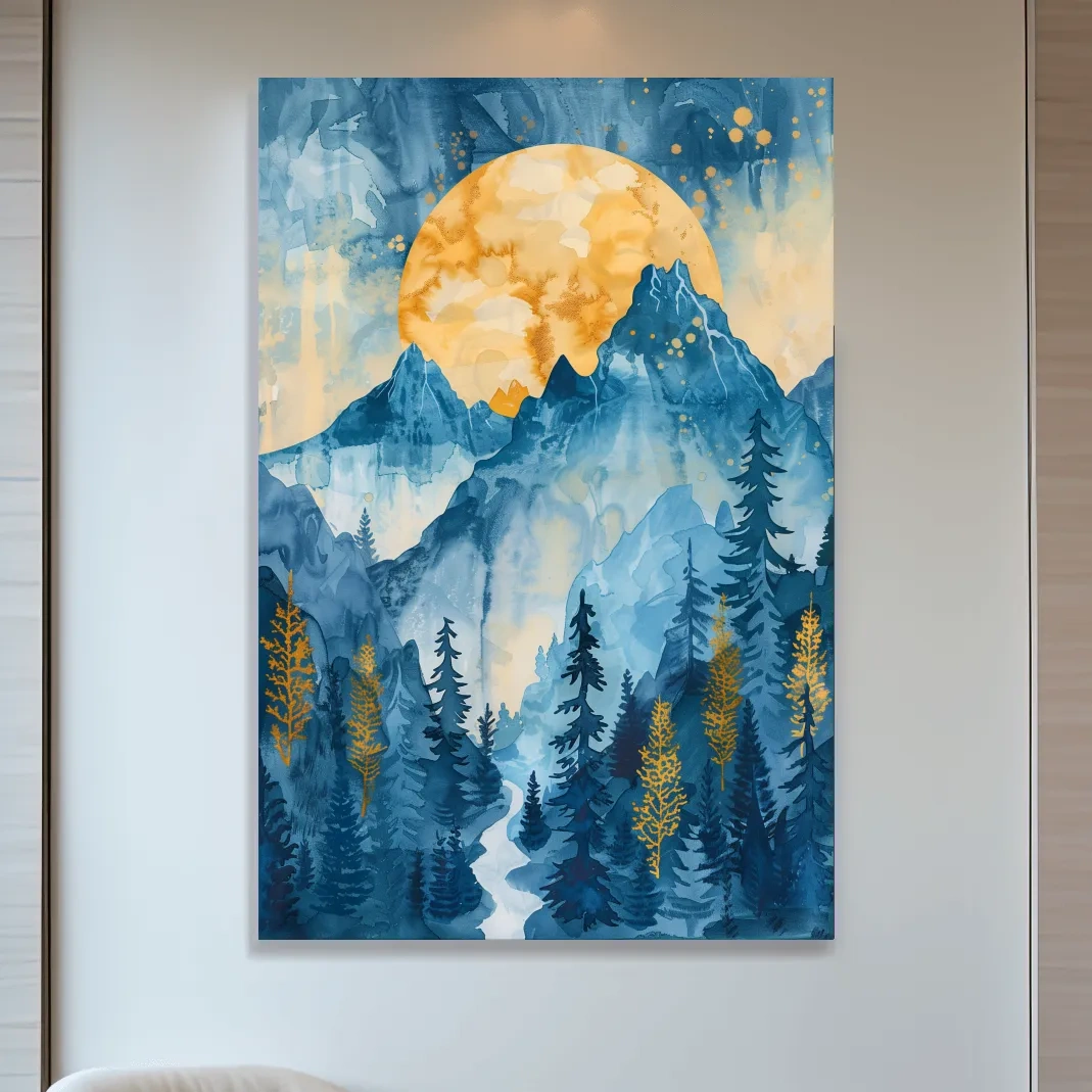 Alpine Sunset Watercolor Painting - Mountain Forest Landscape Wall Art