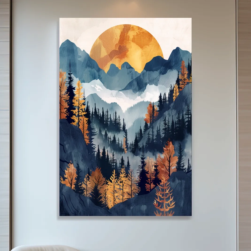 Foggy forest artwork, sunset over the mountains, textured watercolor style painting