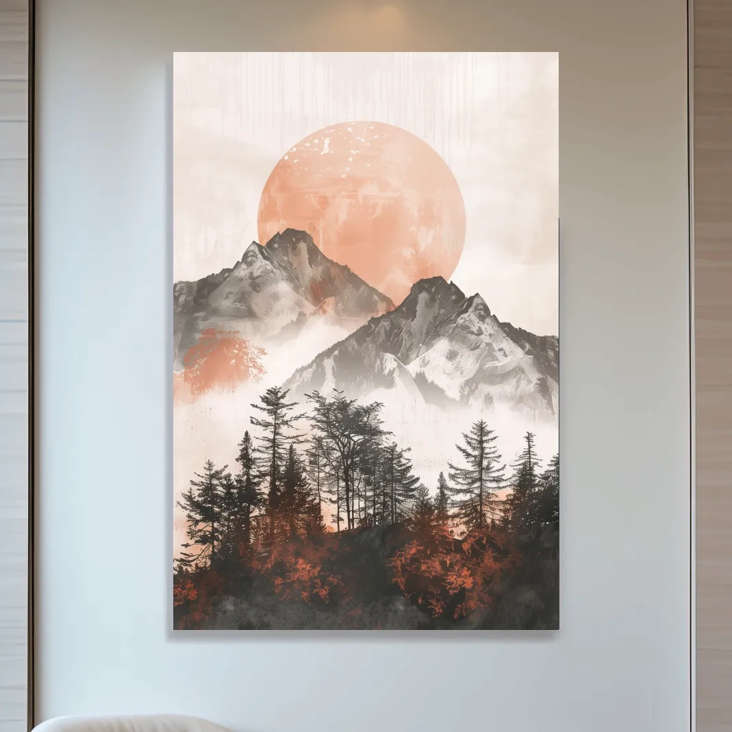 Japandi Mountain Sunrise With Pine Forest - Minimalist Watercolor Landscape Art