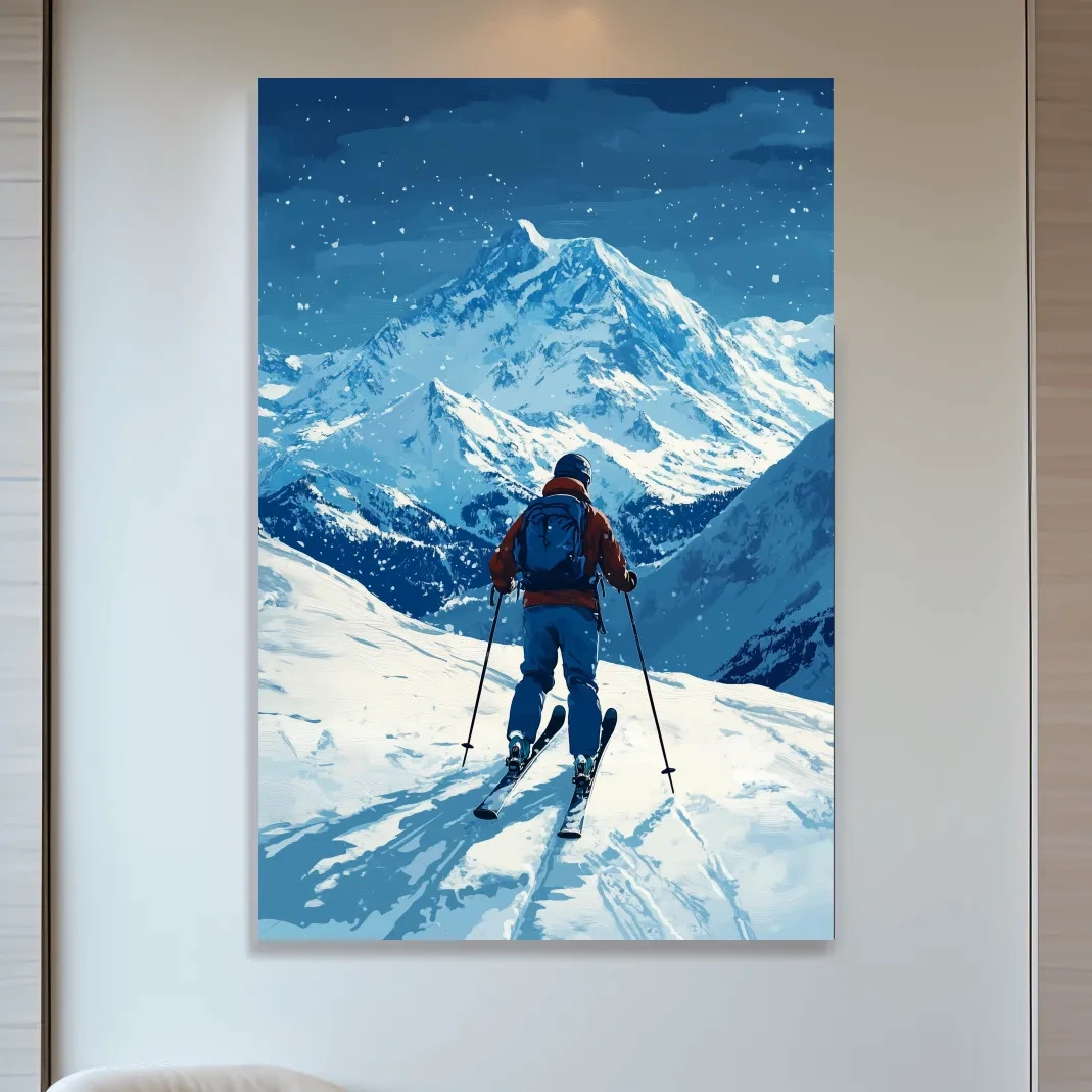 Painting of a backcountry skier in the snow, ski wall art