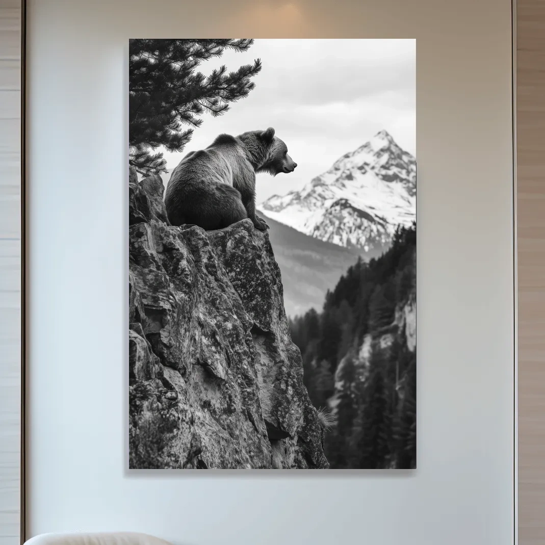 Grizzly bear taking in a mountain view, photographic wildlife wall art