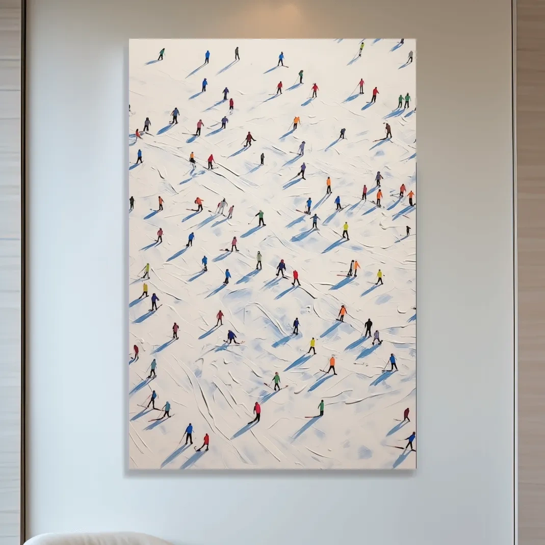 Lots of little skiers in a ski resort, textured painting effect